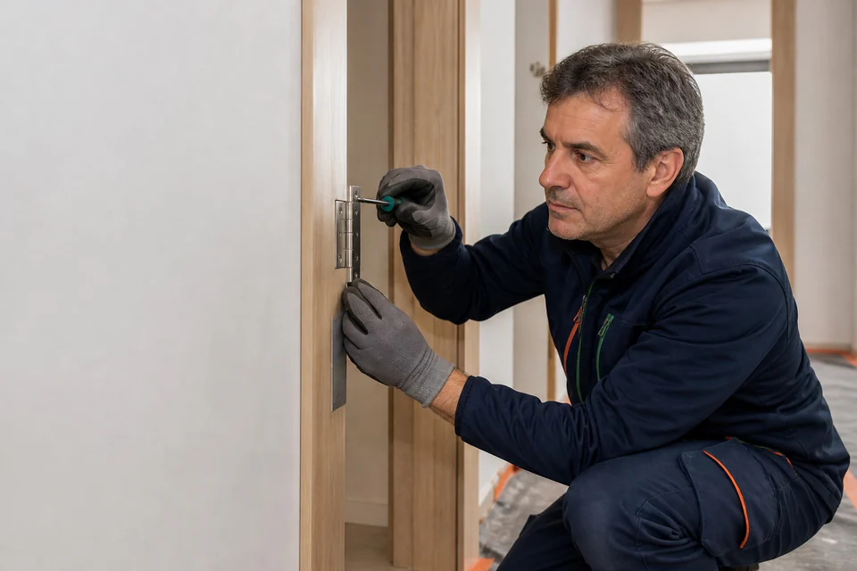 Carpintero ajustando una bisagra en el lateral del marco de una puerta interior