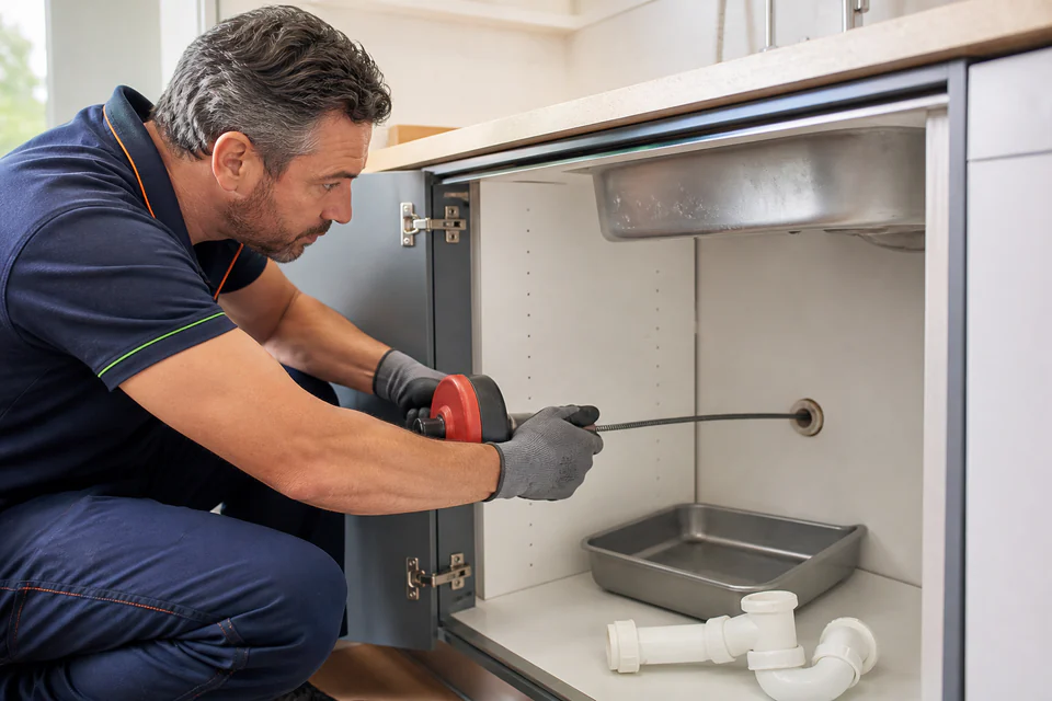 Técnico introduciendo una guía de desatasco en la salida de pared con el sifón retirado