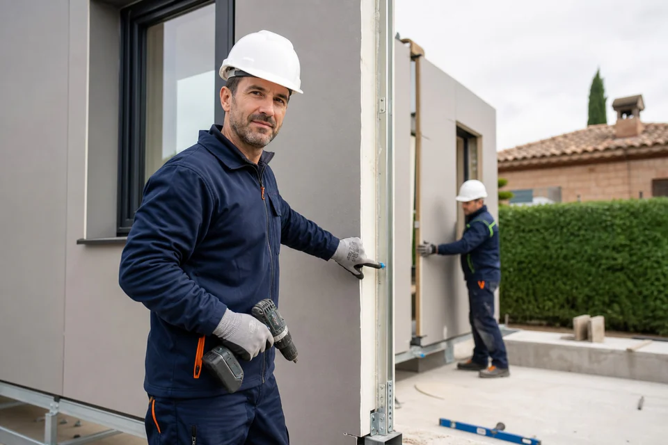 Operarios con casco colocando un panel vertical en la entrada de una vivienda