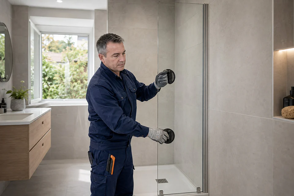Instalador guiando un panel de vidrio con dos ventosas en una ducha alicatada