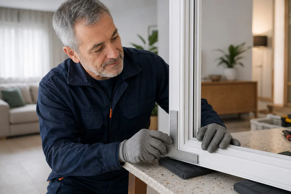 Instalador revisando con una escuadra la esquina inferior de un marco blanco sobre un banco protegido