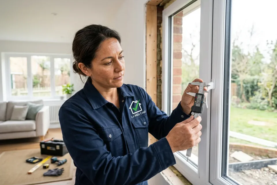 Profesional con un calibre junto al perfil de una ventana durante la preparación de medidas.