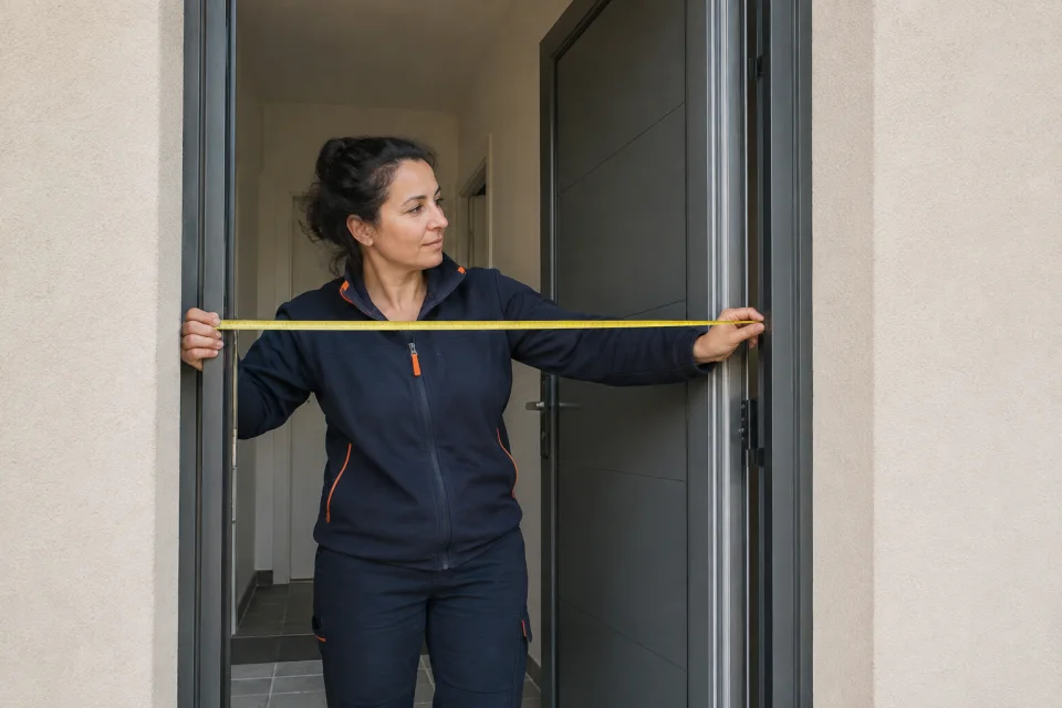 Instaladora midiendo con cinta el ancho del hueco de una puerta de aluminio