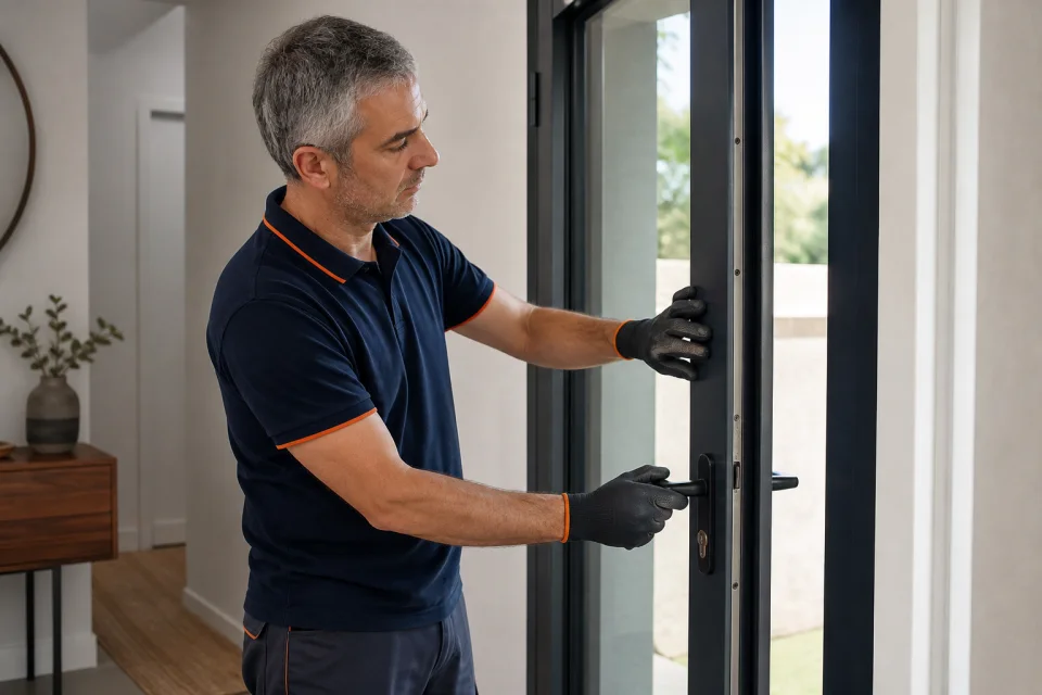 Instalador sujetando la manilla y la hoja de una puerta de aluminio entreabierta