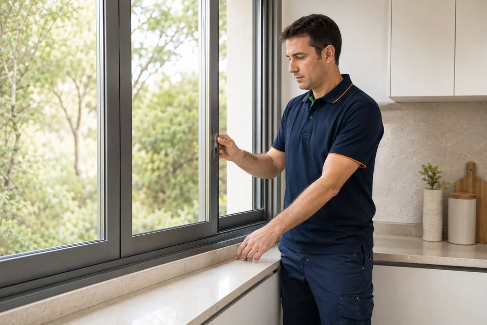 Hombre revisando el cierre de una ventana corredera de aluminio