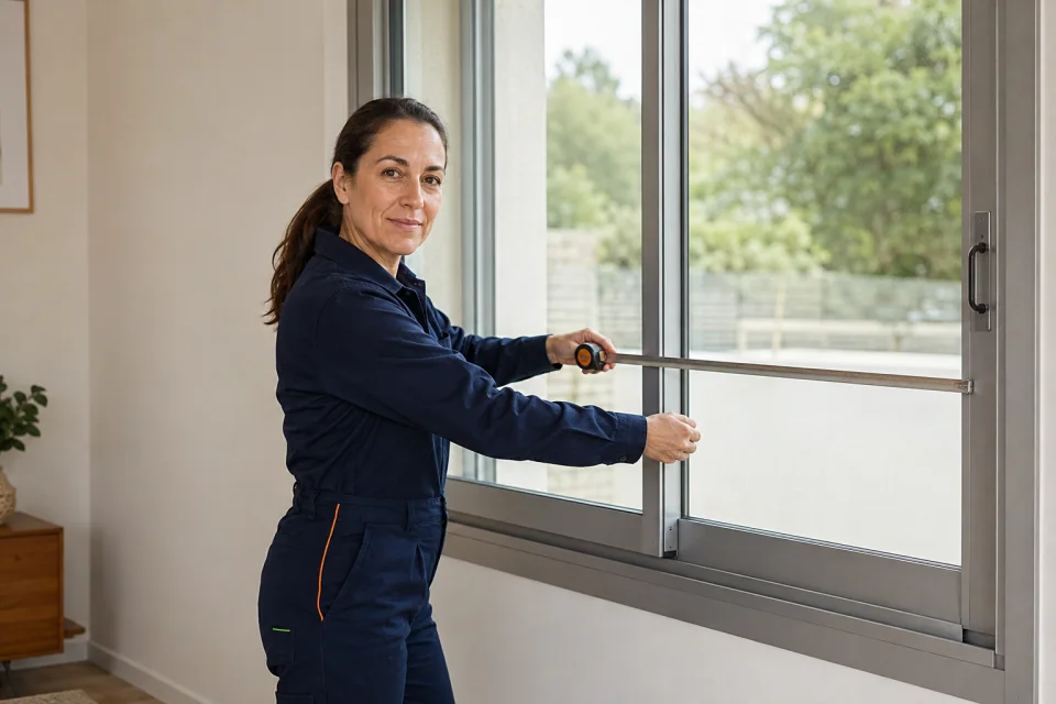 Mujer midiendo el marco de una ventana corredera de aluminio