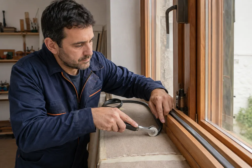 Carpintero ajustando un burlete en la ranura de una ventana de madera