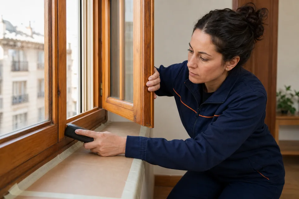 Carpintera comprobando una ventana de madera con un medidor sin pines