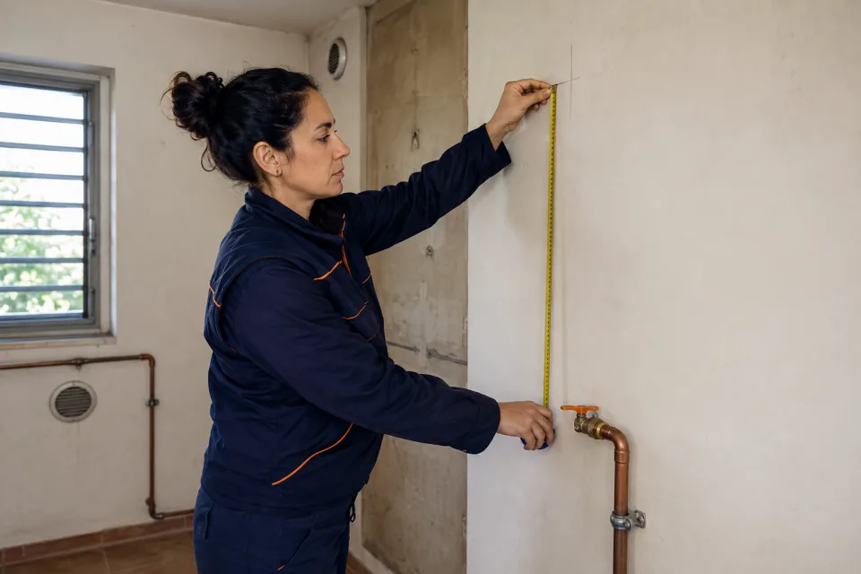 Técnica midiendo el recorrido previsto de una tubería de gas natural