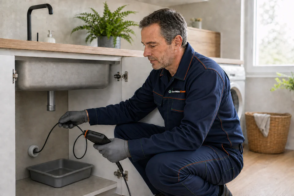 Técnico introduce una cámara de inspección en la salida de desagüe de pared bajo un fregadero, con el sifón retirado